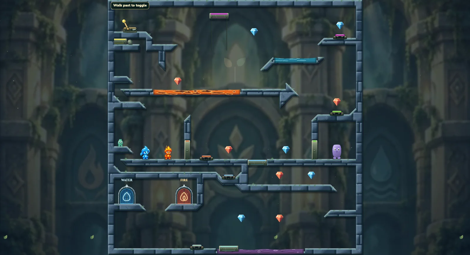 The Jumping Partners, friends level 11: actual game view with Fireboy, Watergirl, diamonds, elemental pools, matching exits, and this level’s mechanisms.