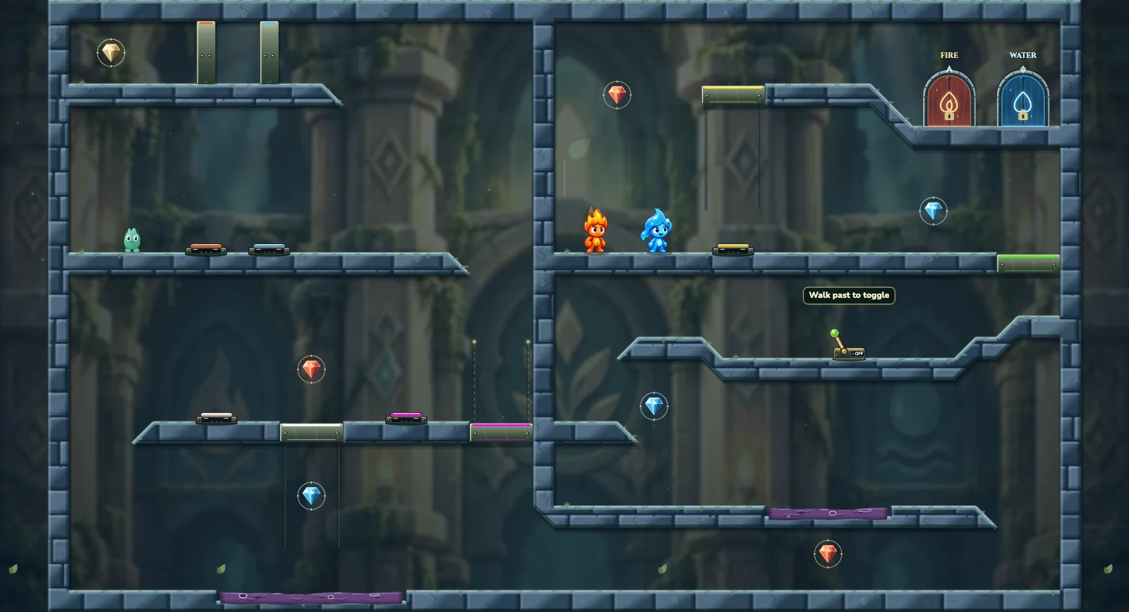 The High Diamond Vault, friends level 12: actual game view with Fireboy, Watergirl, diamonds, elemental pools, matching exits, and this level’s mechanisms.
