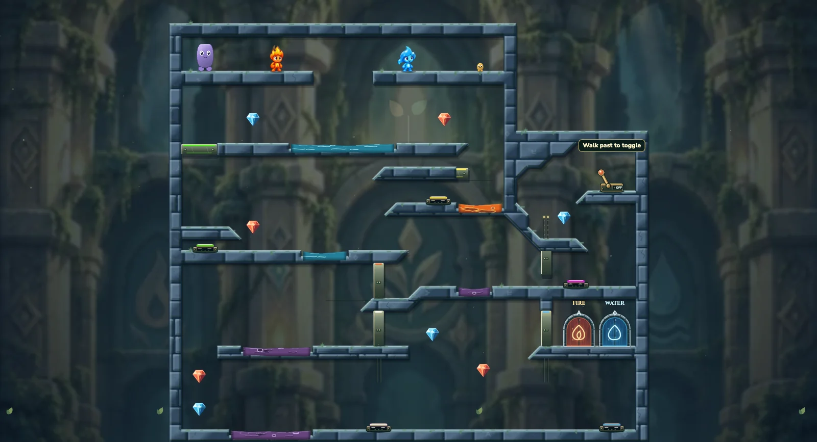 The Heavy and the Small, friends level 13: actual game view with Fireboy, Watergirl, diamonds, elemental pools, matching exits, and this level’s mechanisms.