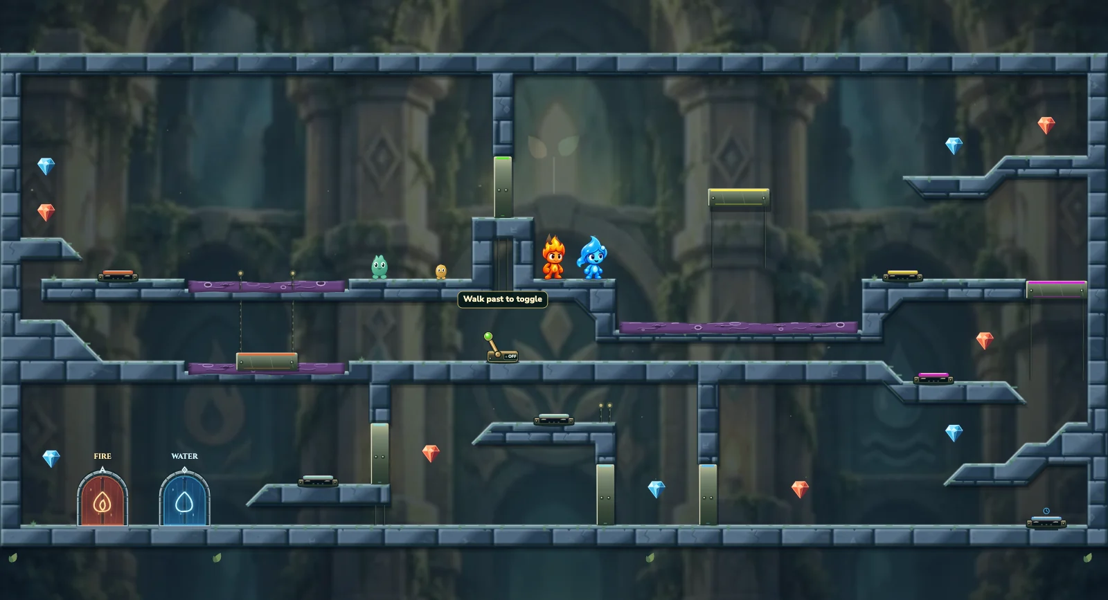 The Leaping Shortcut, friends level 14: actual game view with Fireboy, Watergirl, diamonds, elemental pools, matching exits, and this level’s mechanisms.