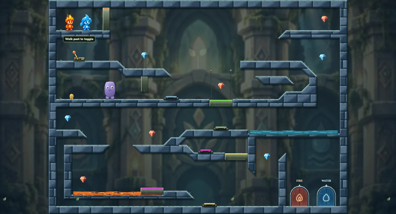 The Low Tunnel Relay, friends level 15: actual game view with Fireboy, Watergirl, diamonds, elemental pools, matching exits, and this level’s mechanisms.