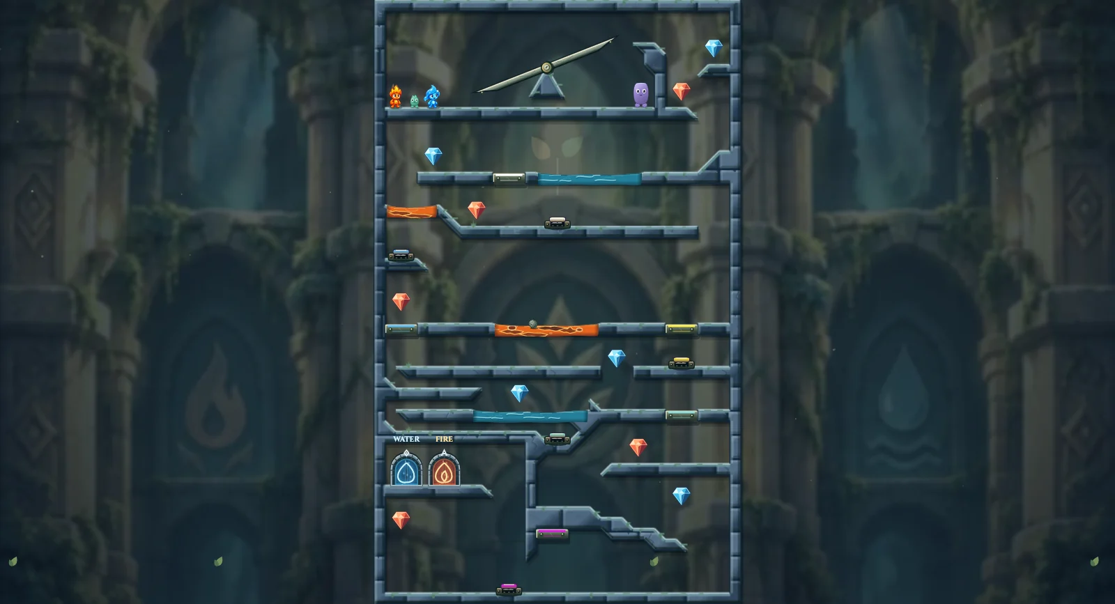 The Balanced Pair, friends level 16: actual game view with Fireboy, Watergirl, diamonds, elemental pools, matching exits, and this level’s mechanisms.