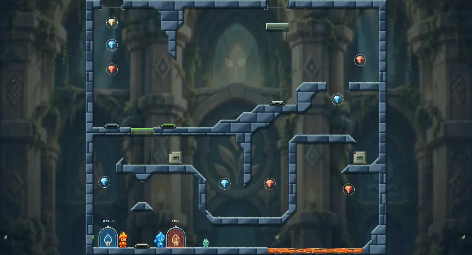 The Portal Diamond Vault, friends level 17: actual game view with Fireboy, Watergirl, diamonds, elemental pools, matching exits, and this level’s mechanisms.