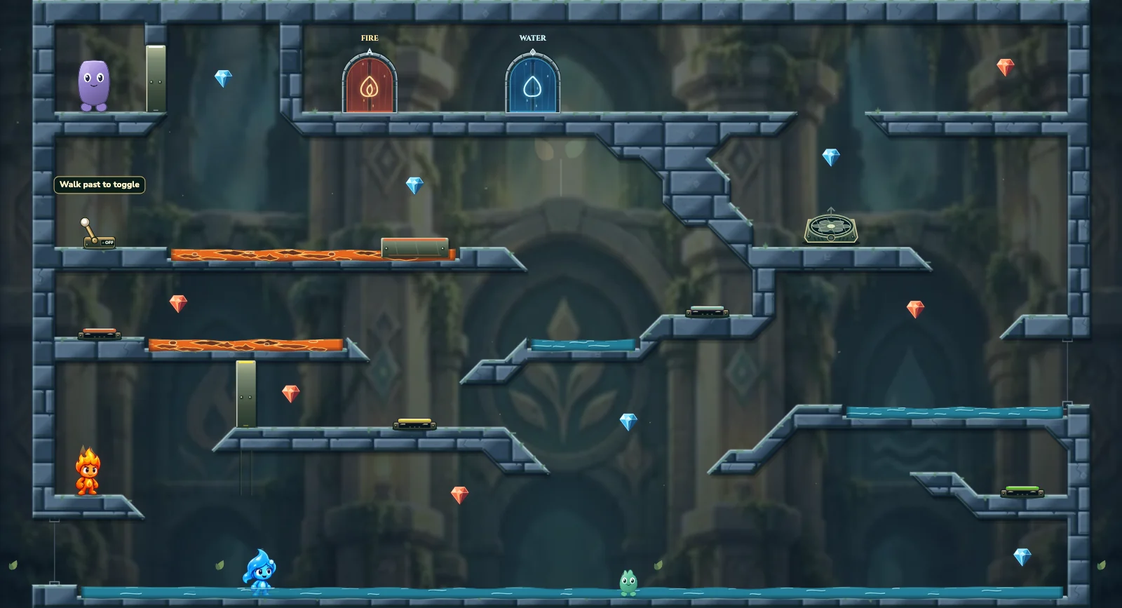 The Three Ways Across, friends level 18: actual game view with Fireboy, Watergirl, diamonds, elemental pools, matching exits, and this level’s mechanisms.