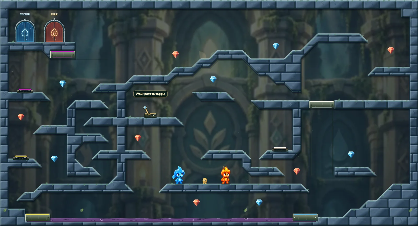 The Small Detour, friends level 19: actual game view with Fireboy, Watergirl, diamonds, elemental pools, matching exits, and this level’s mechanisms.