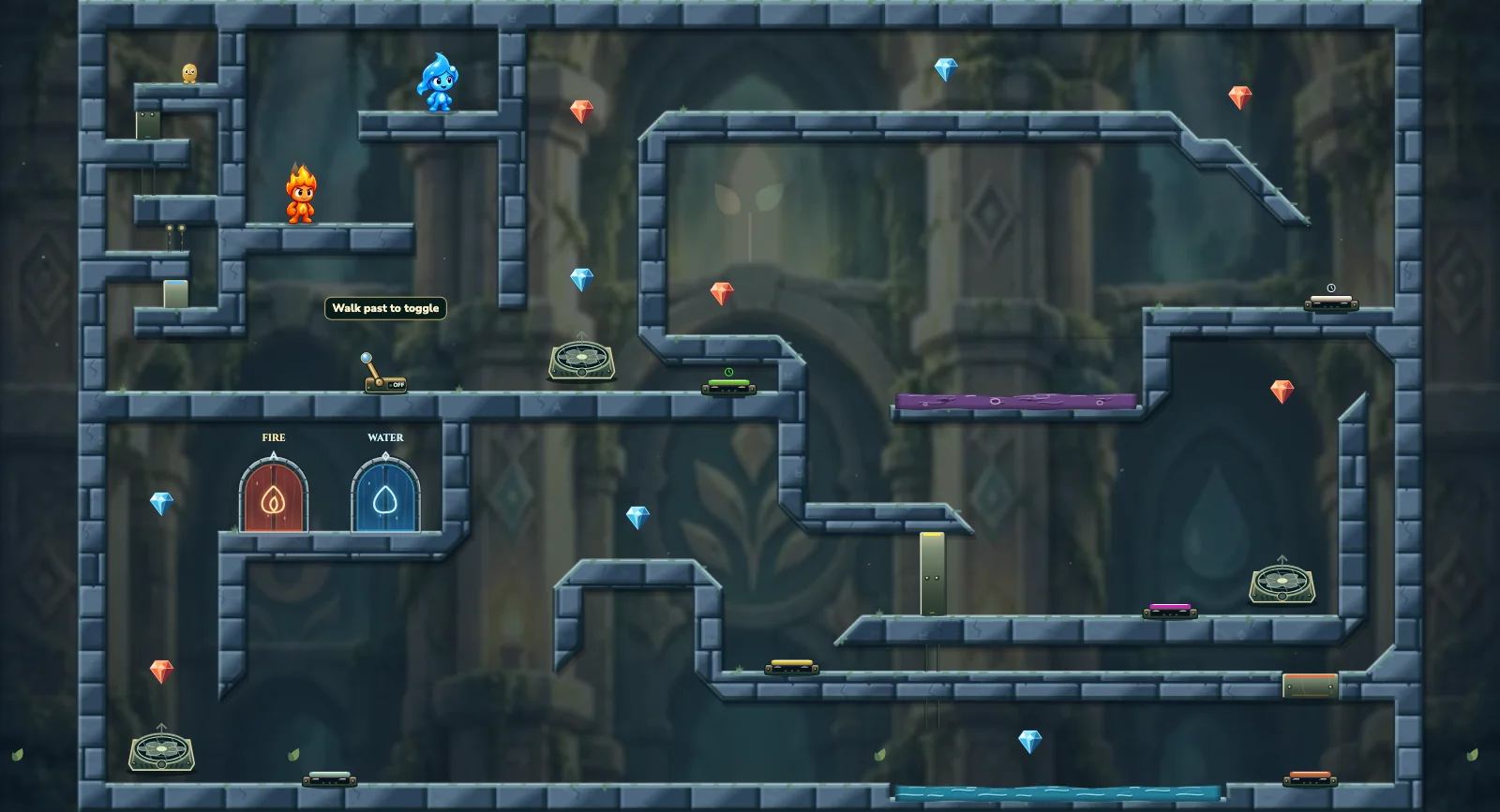 The Timed Tunnel, friends level 20: actual game view with Fireboy, Watergirl, diamonds, elemental pools, matching exits, and this level’s mechanisms.