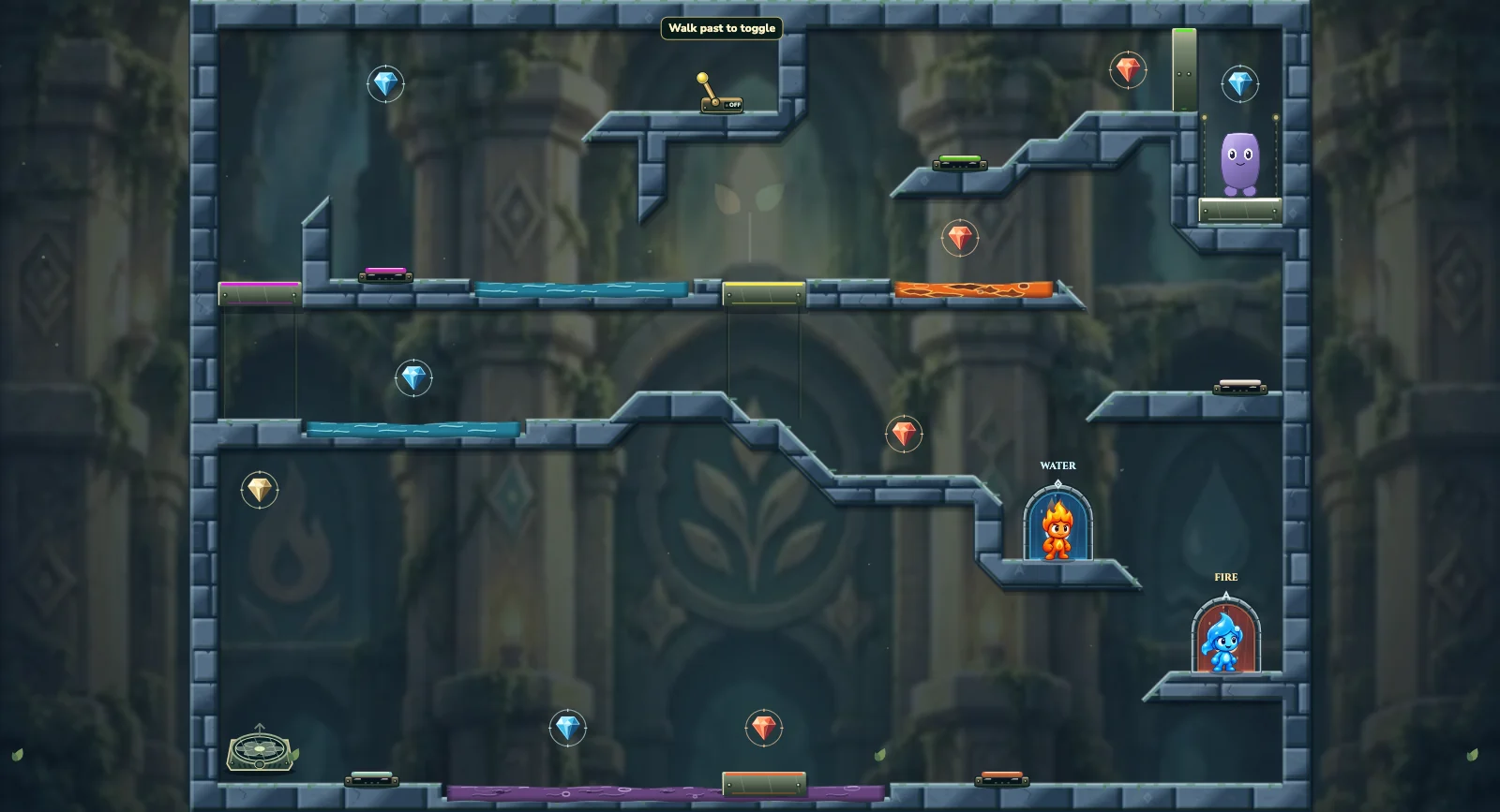 The Heavy Diamond Vault, friends level 21: actual game view with Fireboy, Watergirl, diamonds, elemental pools, matching exits, and this level’s mechanisms.