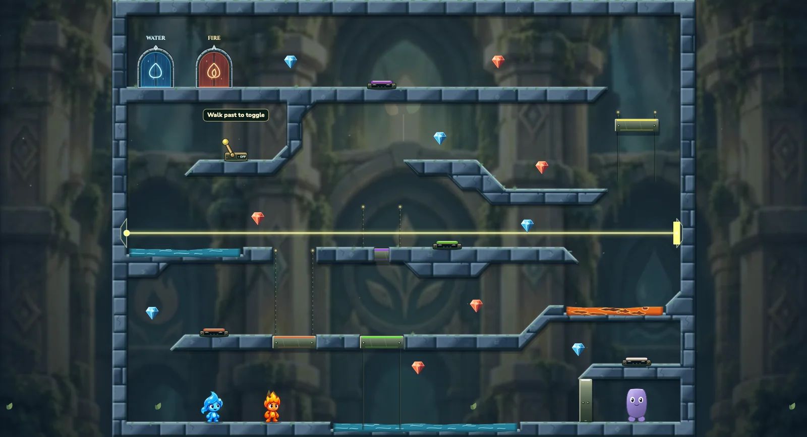 The Beam and the Weight, friends level 22: actual game view with Fireboy, Watergirl, diamonds, elemental pools, matching exits, and this level’s mechanisms.