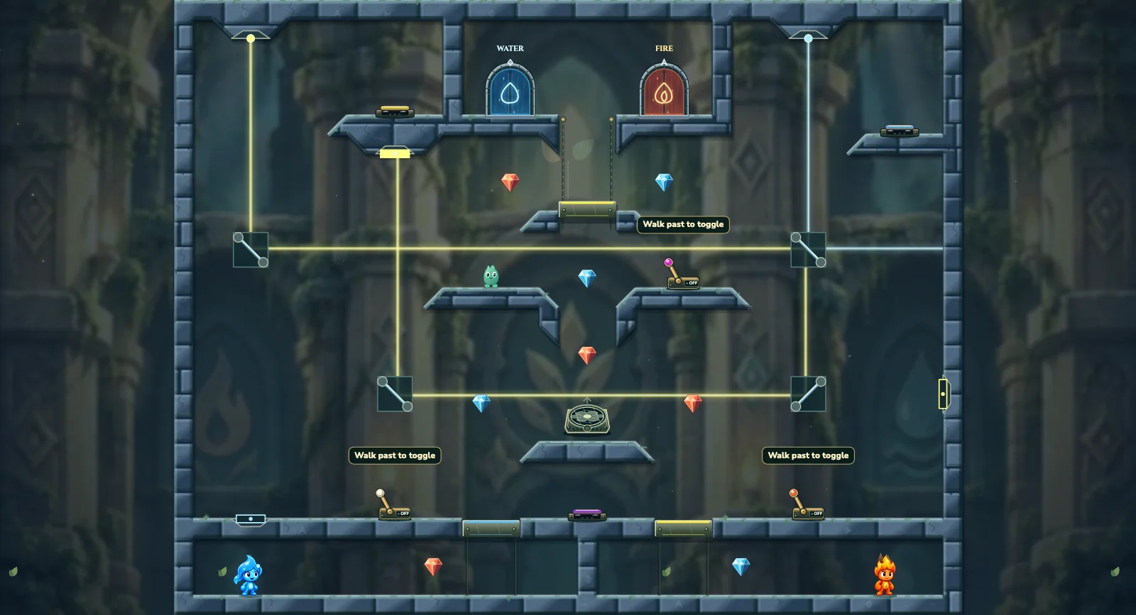 The Reflected Ascent, friends level 23: actual game view with Fireboy, Watergirl, diamonds, elemental pools, matching exits, and this level’s mechanisms.