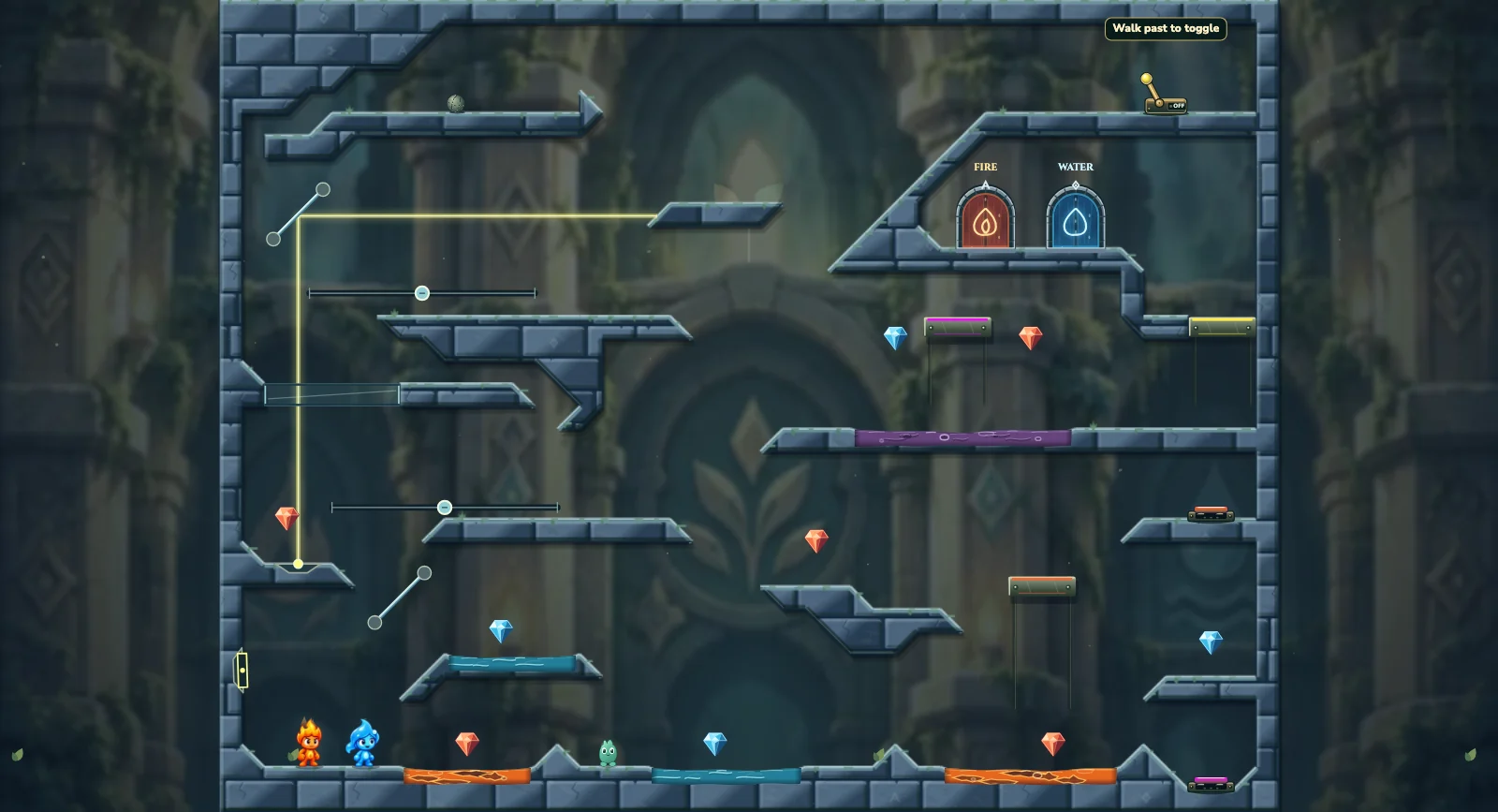 The Mirror Workshop, friends level 24: actual game view with Fireboy, Watergirl, diamonds, elemental pools, matching exits, and this level’s mechanisms.