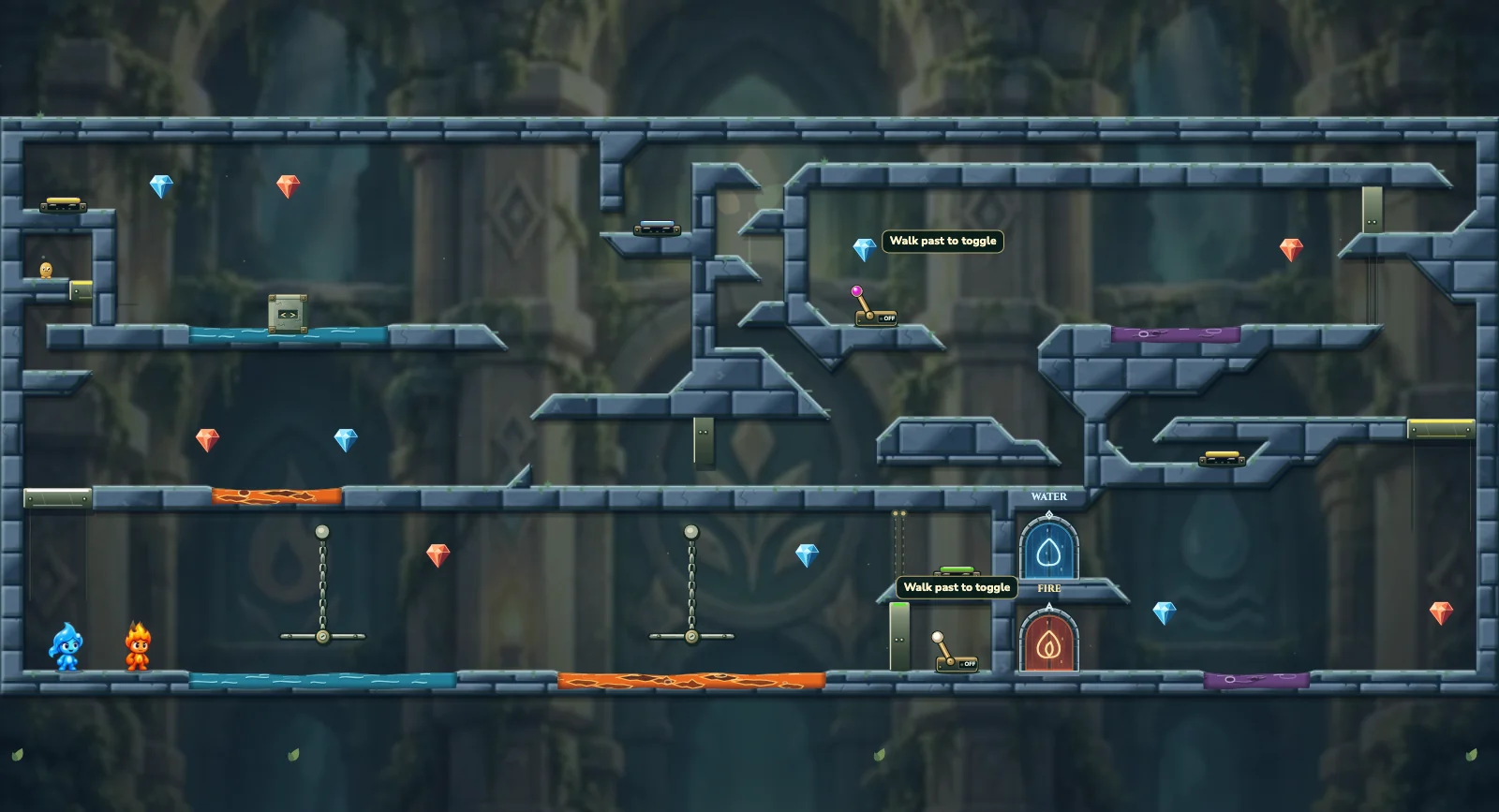 The Hanging Passage, friends level 25: actual game view with Fireboy, Watergirl, diamonds, elemental pools, matching exits, and this level’s mechanisms.