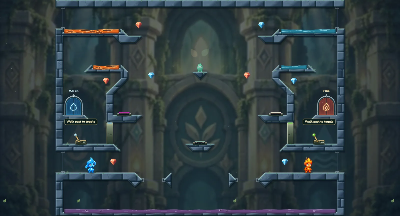 The Turning Portals, friends level 26: actual game view with Fireboy, Watergirl, diamonds, elemental pools, matching exits, and this level’s mechanisms.