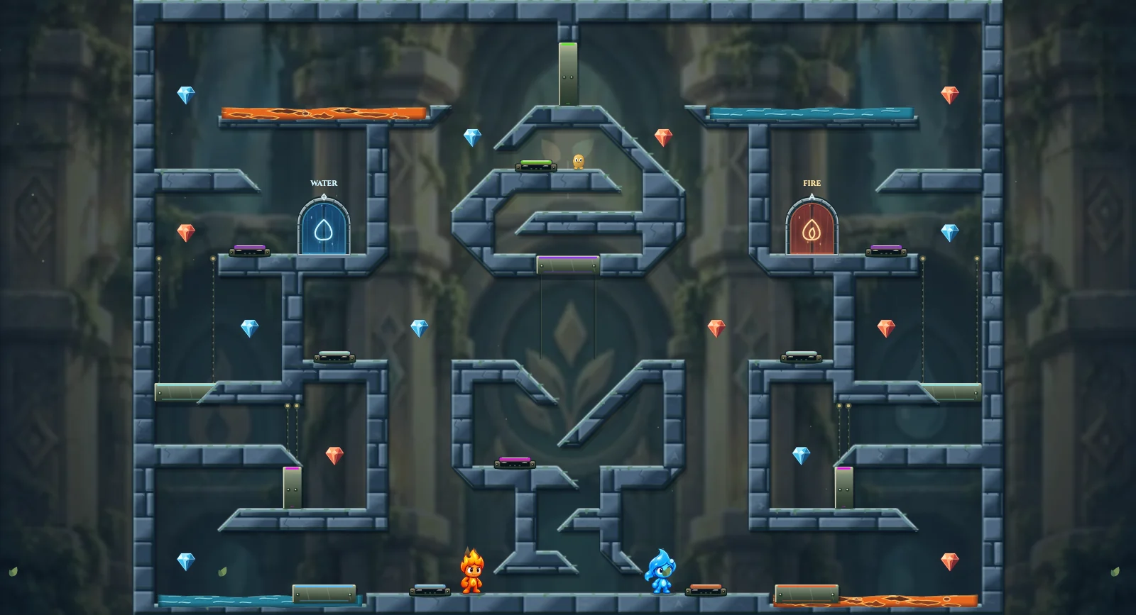 The Repeating Tunnel, friends level 27: actual game view with Fireboy, Watergirl, diamonds, elemental pools, matching exits, and this level’s mechanisms.