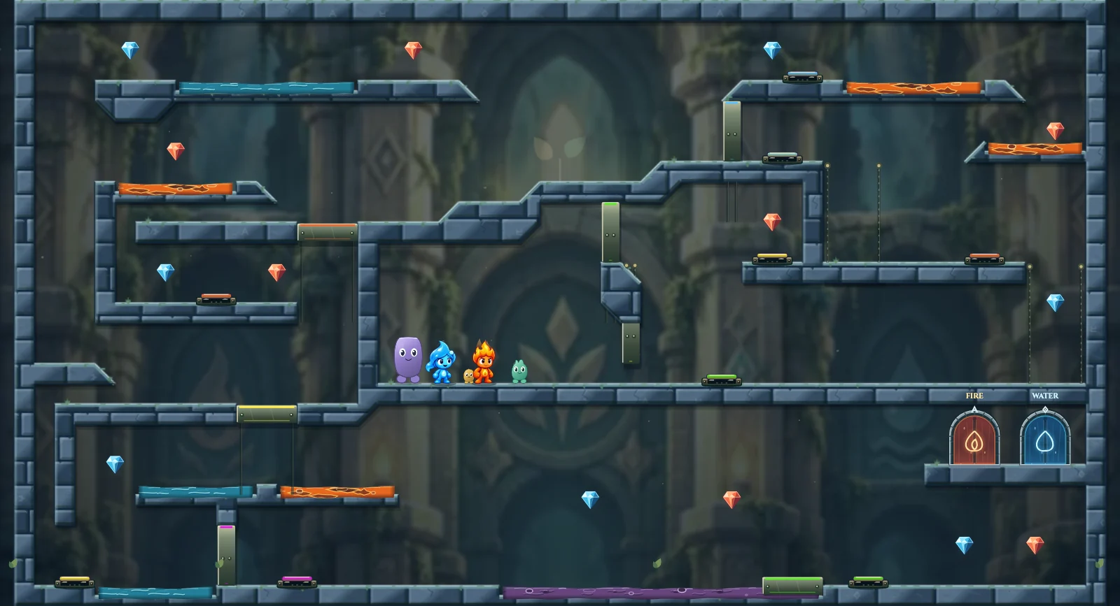 The Three Friends Relay, friends level 28: actual game view with Fireboy, Watergirl, diamonds, elemental pools, matching exits, and this level’s mechanisms.