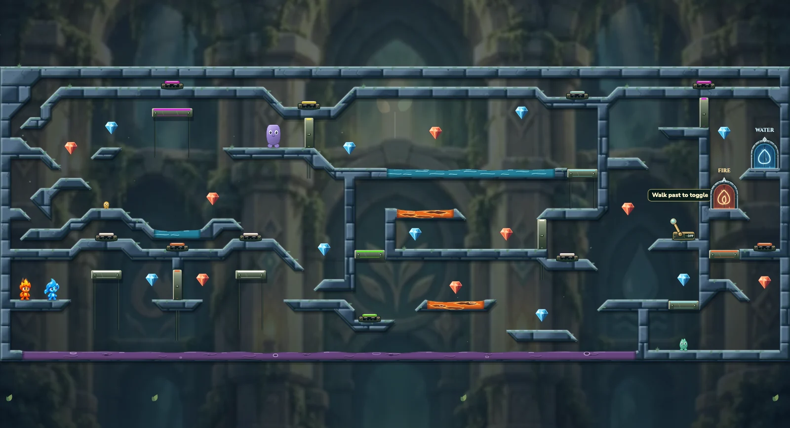 The Three Friends Tower, friends level 29: actual game view with Fireboy, Watergirl, diamonds, elemental pools, matching exits, and this level’s mechanisms.