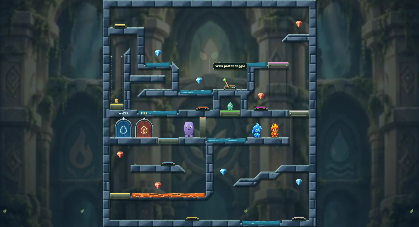 The Long Team Climb, friends level 30: actual game view with Fireboy, Watergirl, diamonds, elemental pools, matching exits, and this level’s mechanisms.