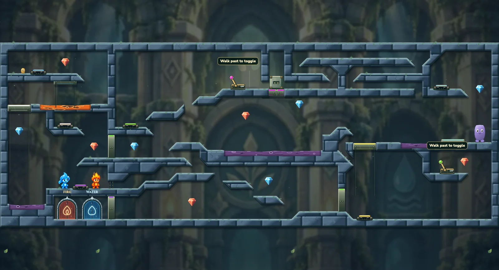 The Small and Heavy Crossing, friends level 31: actual game view with Fireboy, Watergirl, diamonds, elemental pools, matching exits, and this level’s mechanisms.