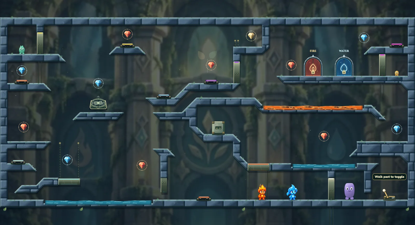The Tiny Diamond Vault, friends level 32: actual game view with Fireboy, Watergirl, diamonds, elemental pools, matching exits, and this level’s mechanisms.