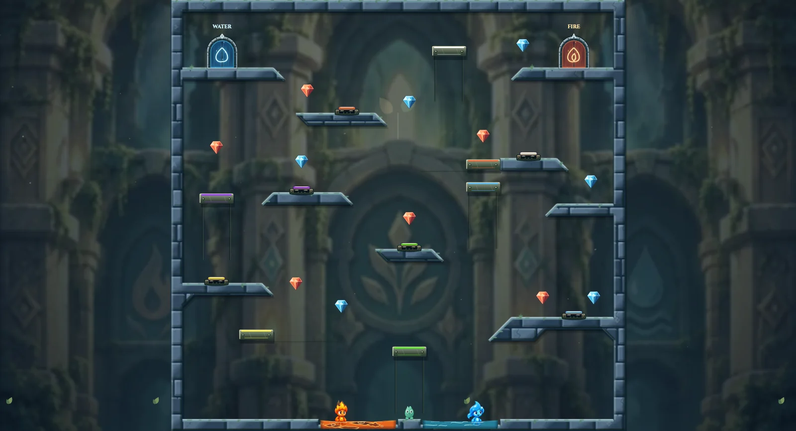 The Great Leap, friends level 33: actual game view with Fireboy, Watergirl, diamonds, elemental pools, matching exits, and this level’s mechanisms.