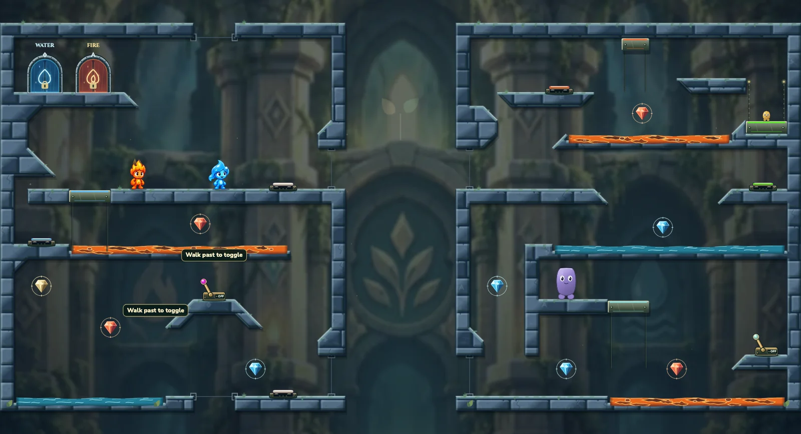 The Portal Puzzle, friends level 34: actual game view with Fireboy, Watergirl, diamonds, elemental pools, matching exits, and this level’s mechanisms.
