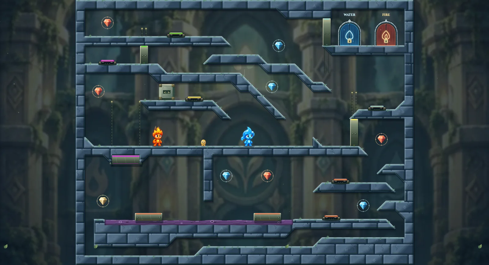 The Narrow Diamond Circuit, friends level 35: actual game view with Fireboy, Watergirl, diamonds, elemental pools, matching exits, and this level’s mechanisms.