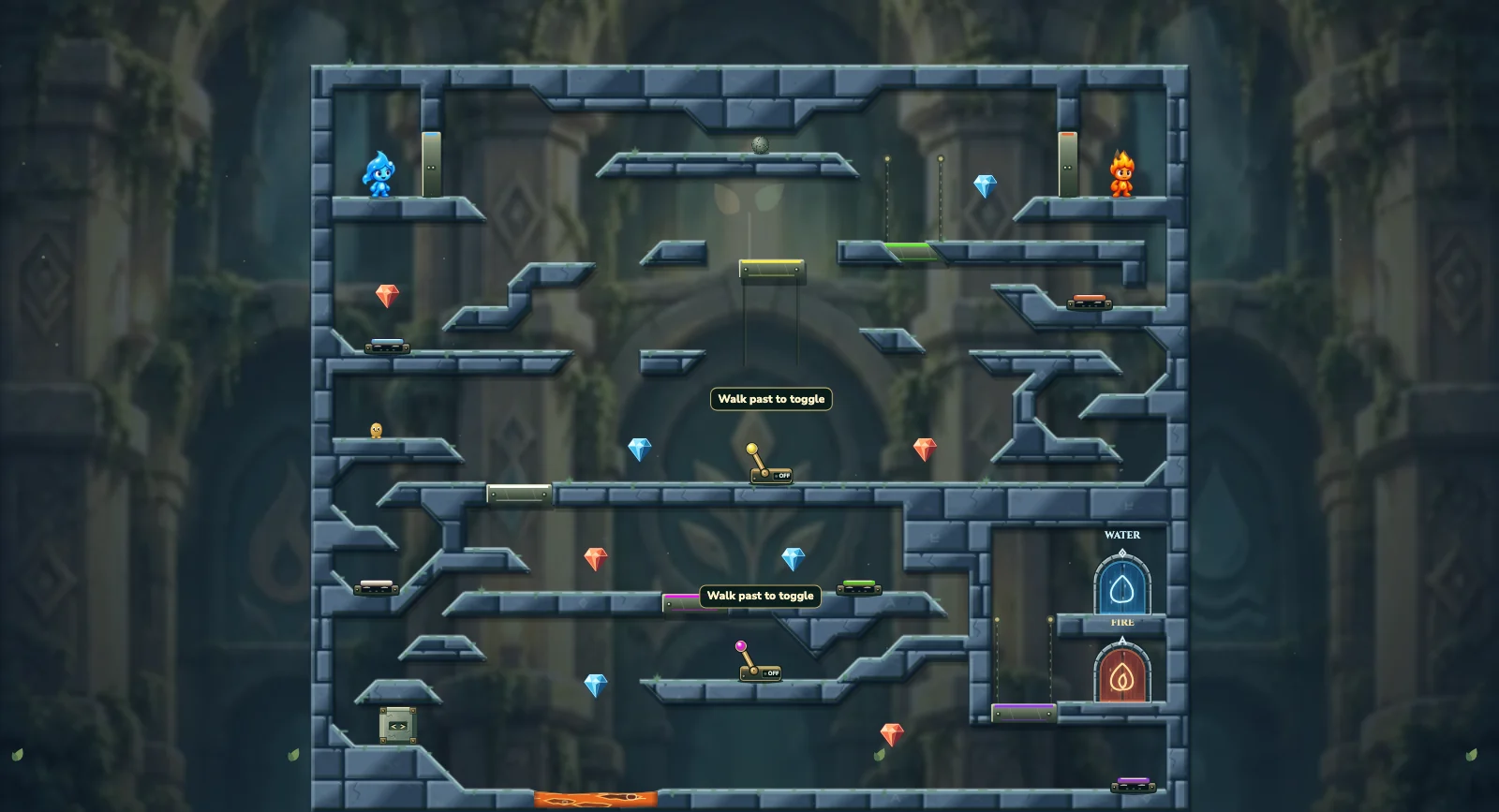 The Locked Ball Tower, friends level 36: actual game view with Fireboy, Watergirl, diamonds, elemental pools, matching exits, and this level’s mechanisms.