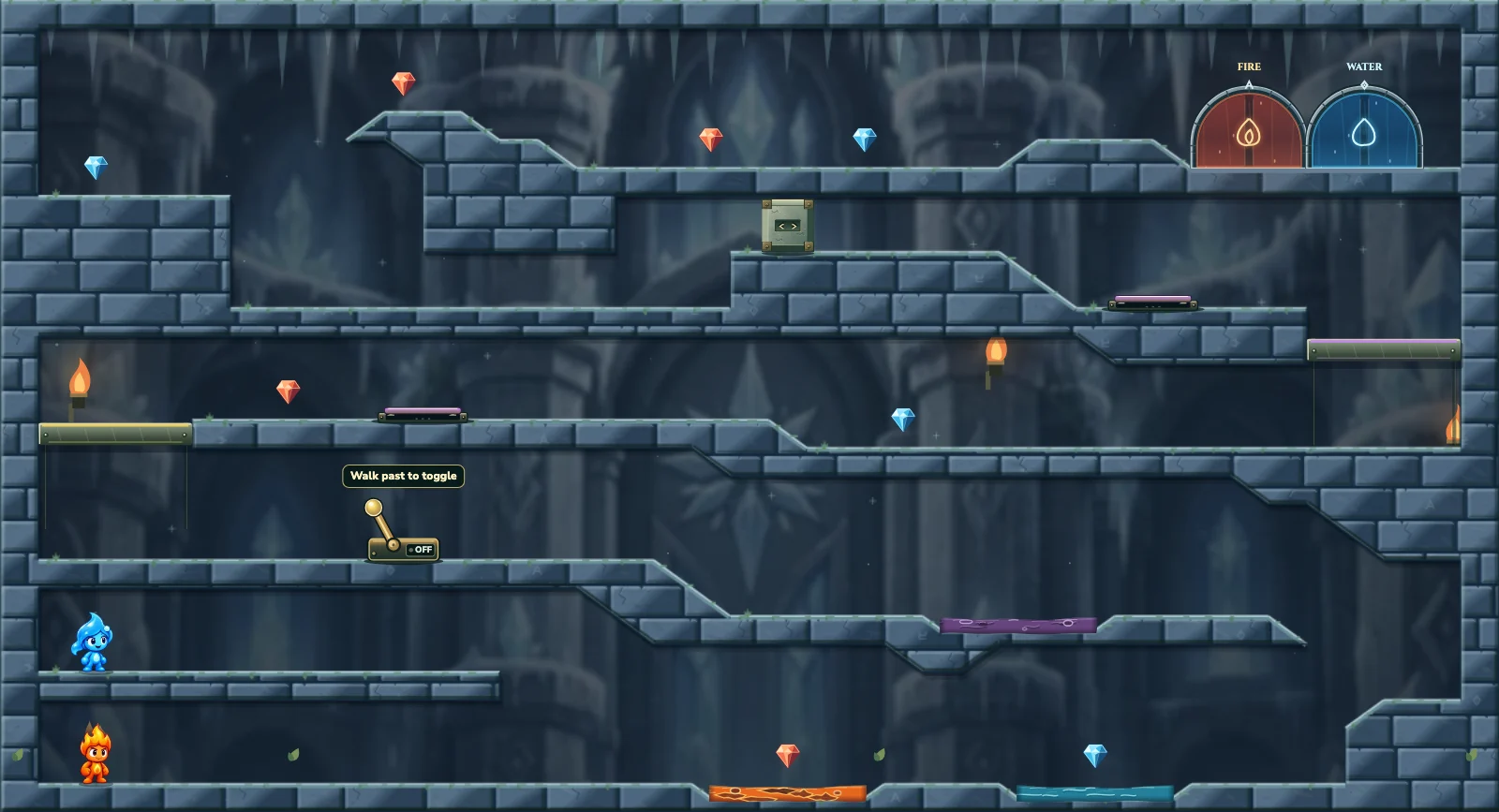 First Steps in the Ice Temple, ice level 1: actual game view with Fireboy, Watergirl, diamonds, elemental pools, matching exits, and this level’s mechanisms.