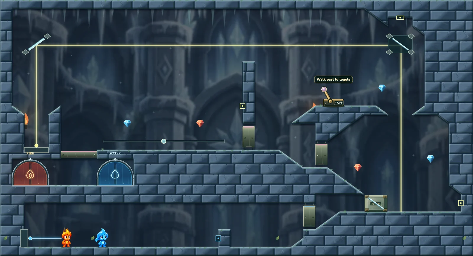 The Frozen Chamber 2, ice level 2: actual game view with Fireboy, Watergirl, diamonds, elemental pools, matching exits, and this level’s mechanisms.