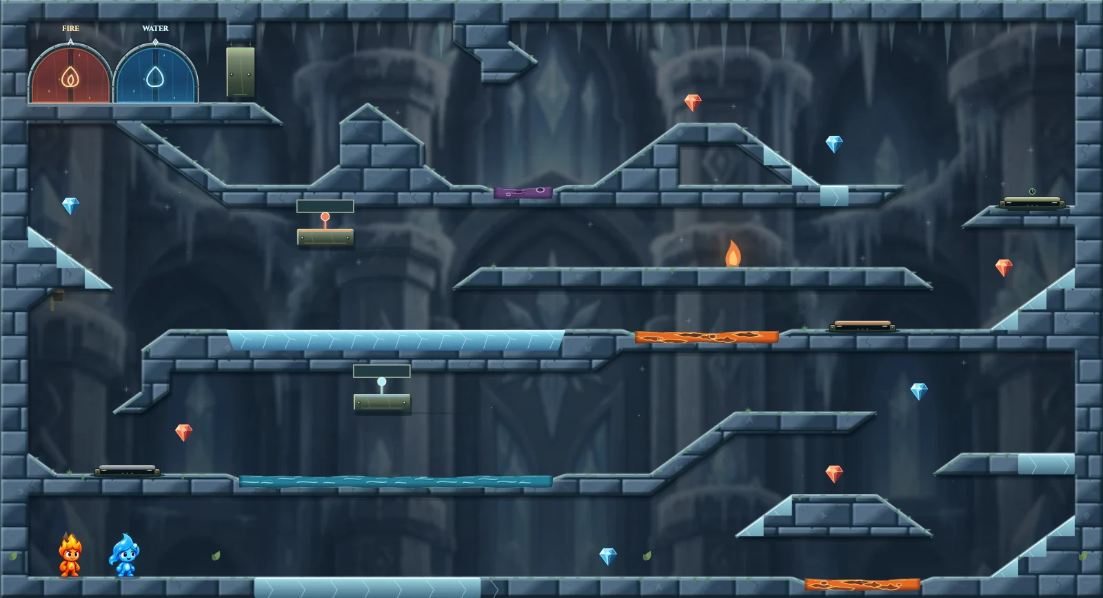 The Frozen Chamber 3, ice level 3: actual game view with Fireboy, Watergirl, diamonds, elemental pools, matching exits, and this level’s mechanisms.