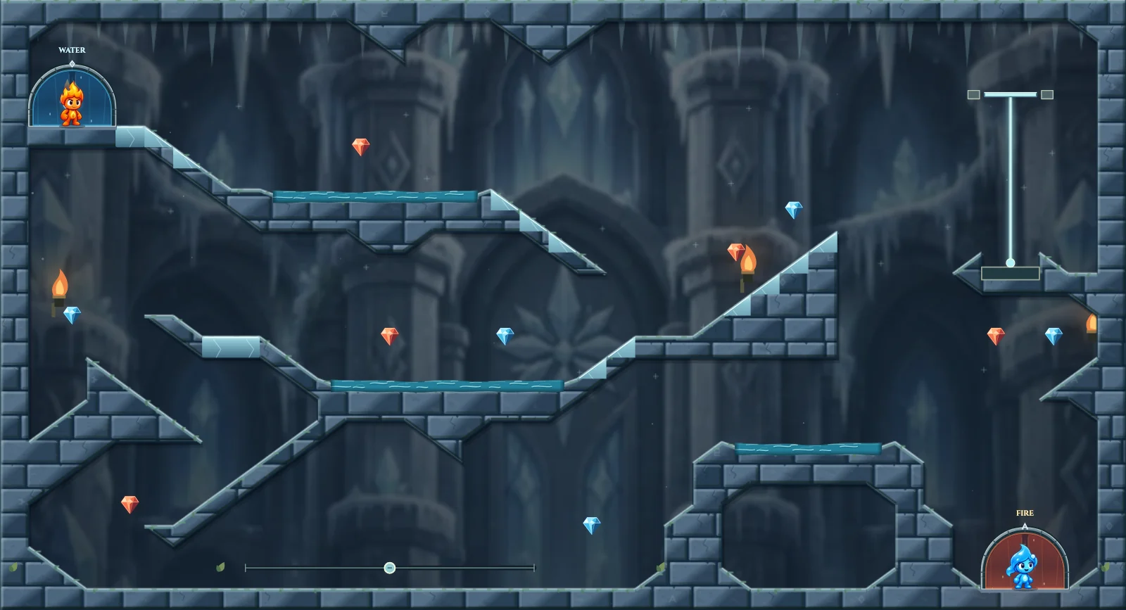 The Frozen Chamber 4, ice level 4: actual game view with Fireboy, Watergirl, diamonds, elemental pools, matching exits, and this level’s mechanisms.