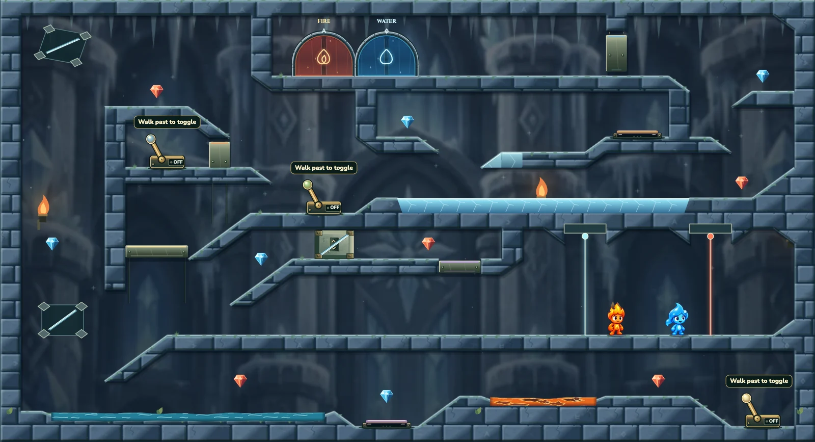 The Frozen Chamber 5, ice level 5: actual game view with Fireboy, Watergirl, diamonds, elemental pools, matching exits, and this level’s mechanisms.
