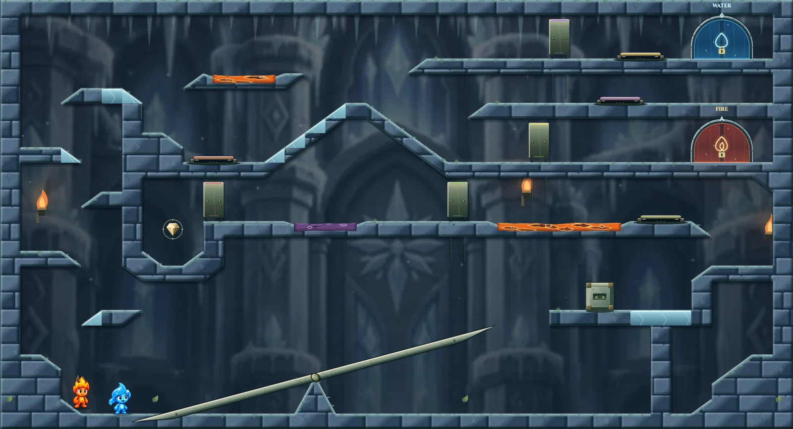 The Ice Balance, ice level 6: actual game view with Fireboy, Watergirl, diamonds, elemental pools, matching exits, and this level’s mechanisms.