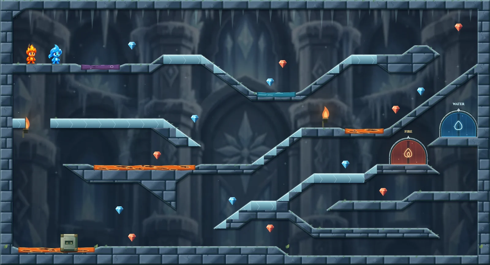 The Frozen Return, ice level 7: actual game view with Fireboy, Watergirl, diamonds, elemental pools, matching exits, and this level’s mechanisms.