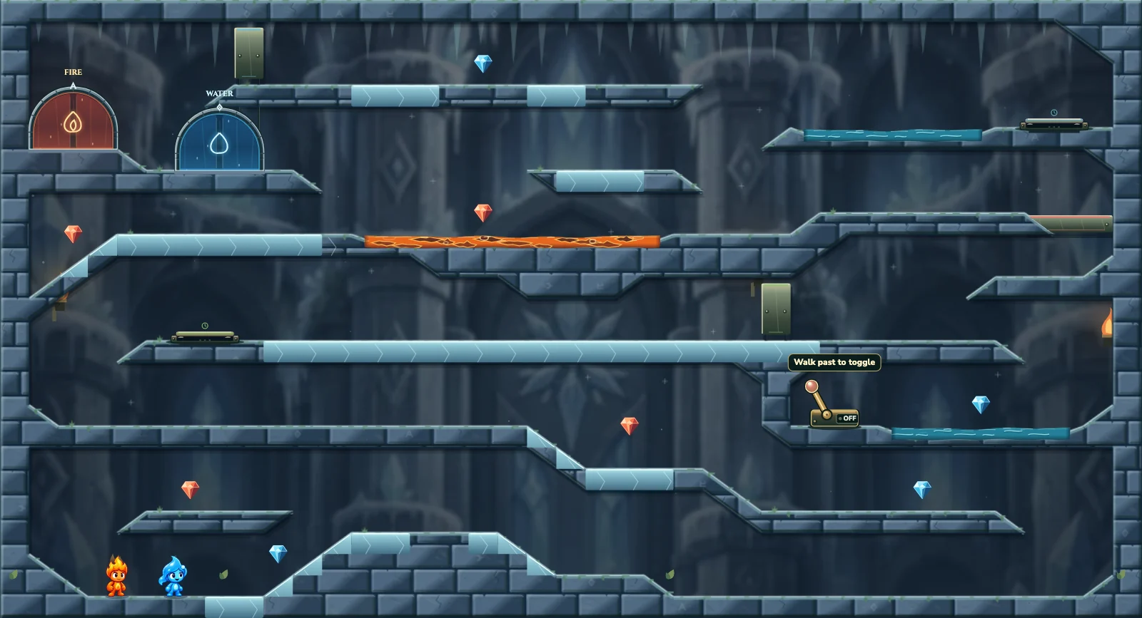 The Timed Frost Passages, ice level 8: actual game view with Fireboy, Watergirl, diamonds, elemental pools, matching exits, and this level’s mechanisms.