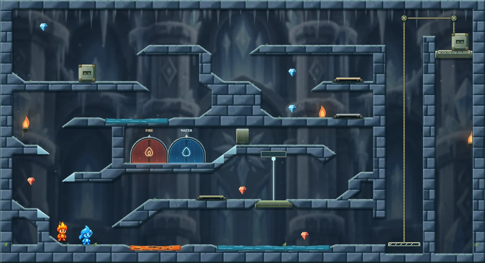 The Frozen Chamber 9, ice level 9: actual game view with Fireboy, Watergirl, diamonds, elemental pools, matching exits, and this level’s mechanisms.