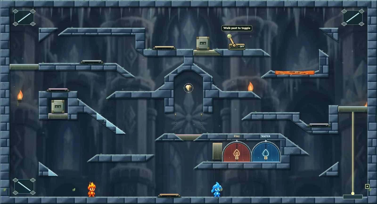 The Frozen Chamber 10, ice level 10: actual game view with Fireboy, Watergirl, diamonds, elemental pools, matching exits, and this level’s mechanisms.