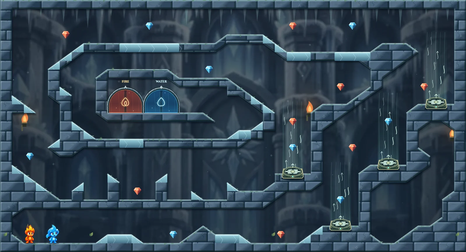 The Four Frost Fans, ice level 11: actual game view with Fireboy, Watergirl, diamonds, elemental pools, matching exits, and this level’s mechanisms.