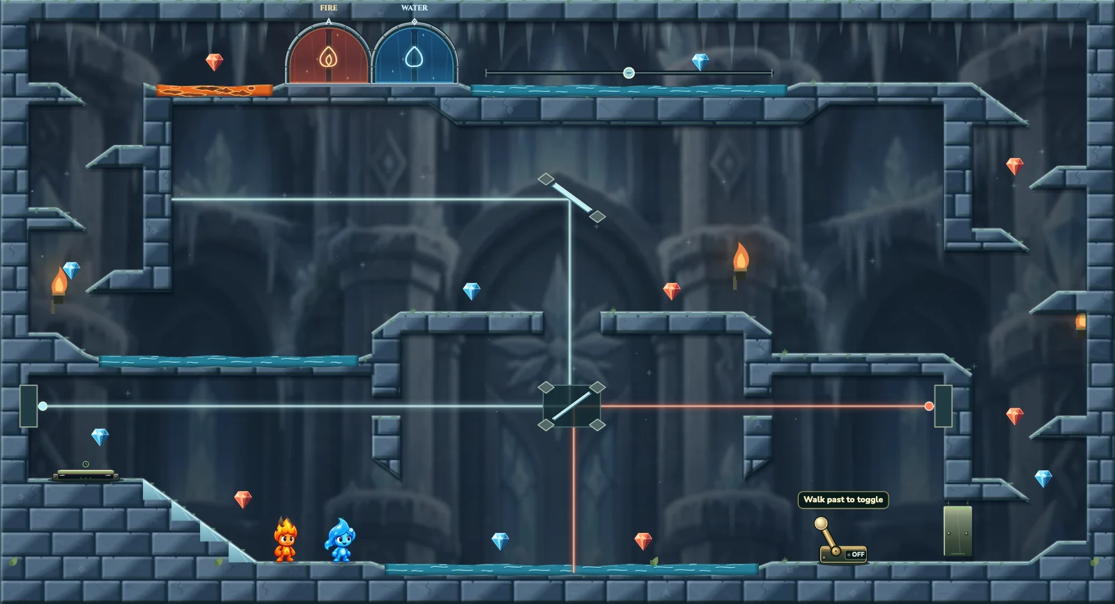 The Frozen Chamber 12, ice level 12: actual game view with Fireboy, Watergirl, diamonds, elemental pools, matching exits, and this level’s mechanisms.