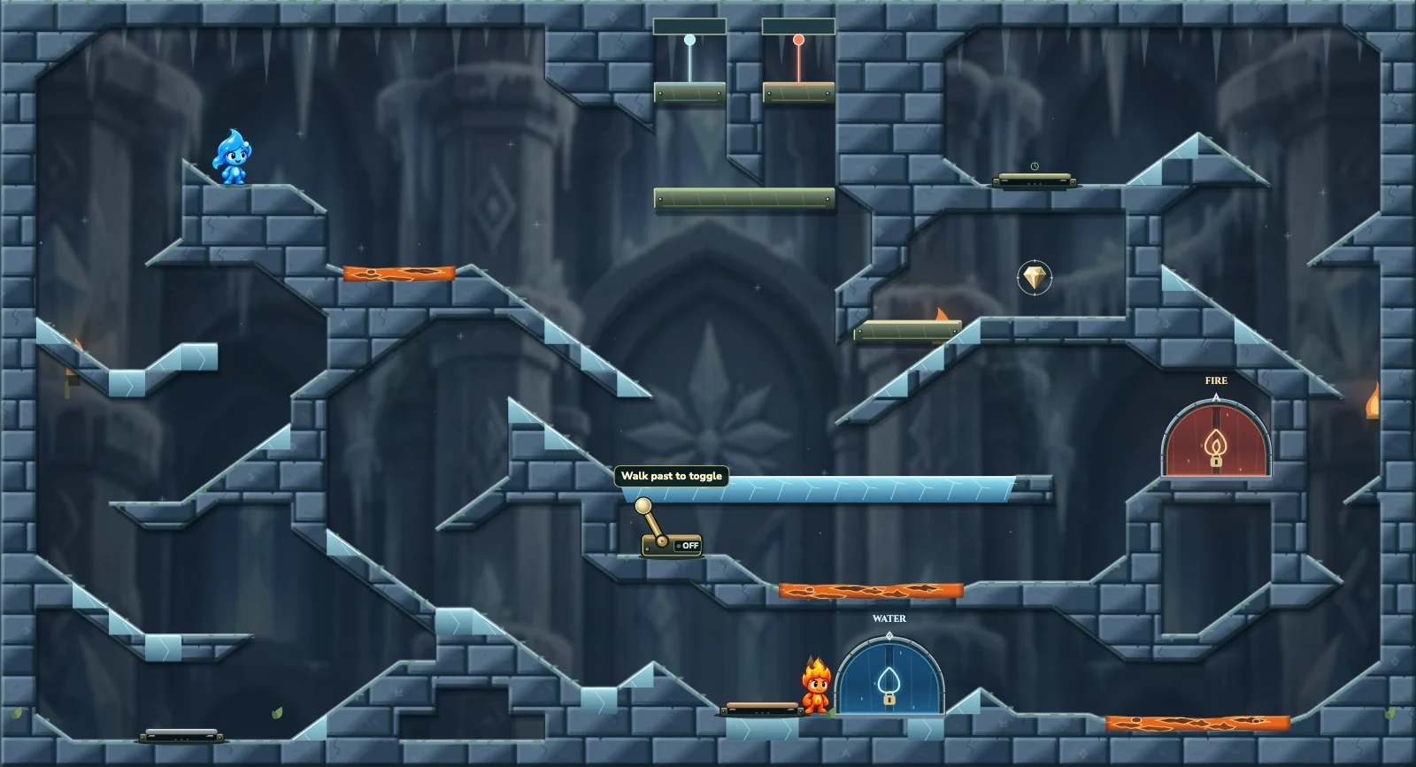 The Frozen Chamber 13, ice level 13: actual game view with Fireboy, Watergirl, diamonds, elemental pools, matching exits, and this level’s mechanisms.