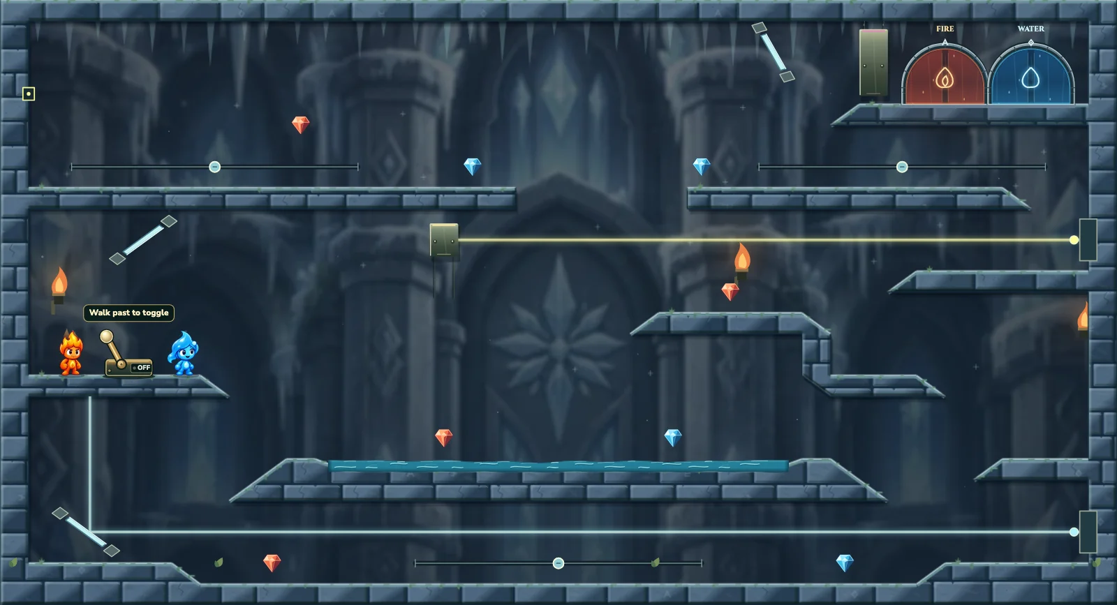The Frozen Chamber 14, ice level 14: actual game view with Fireboy, Watergirl, diamonds, elemental pools, matching exits, and this level’s mechanisms.
