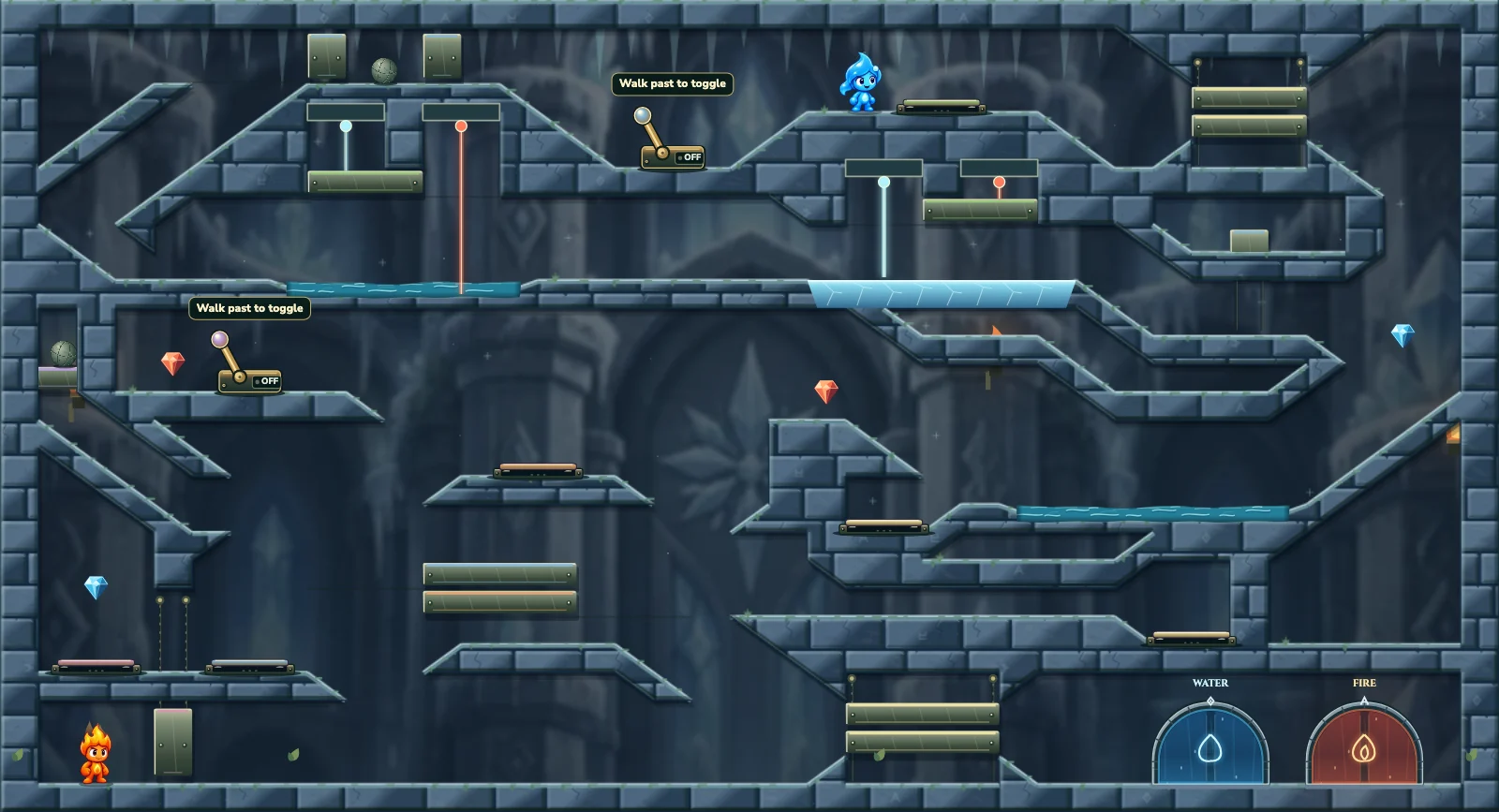 The Frozen Chamber 15, ice level 15: actual game view with Fireboy, Watergirl, diamonds, elemental pools, matching exits, and this level’s mechanisms.