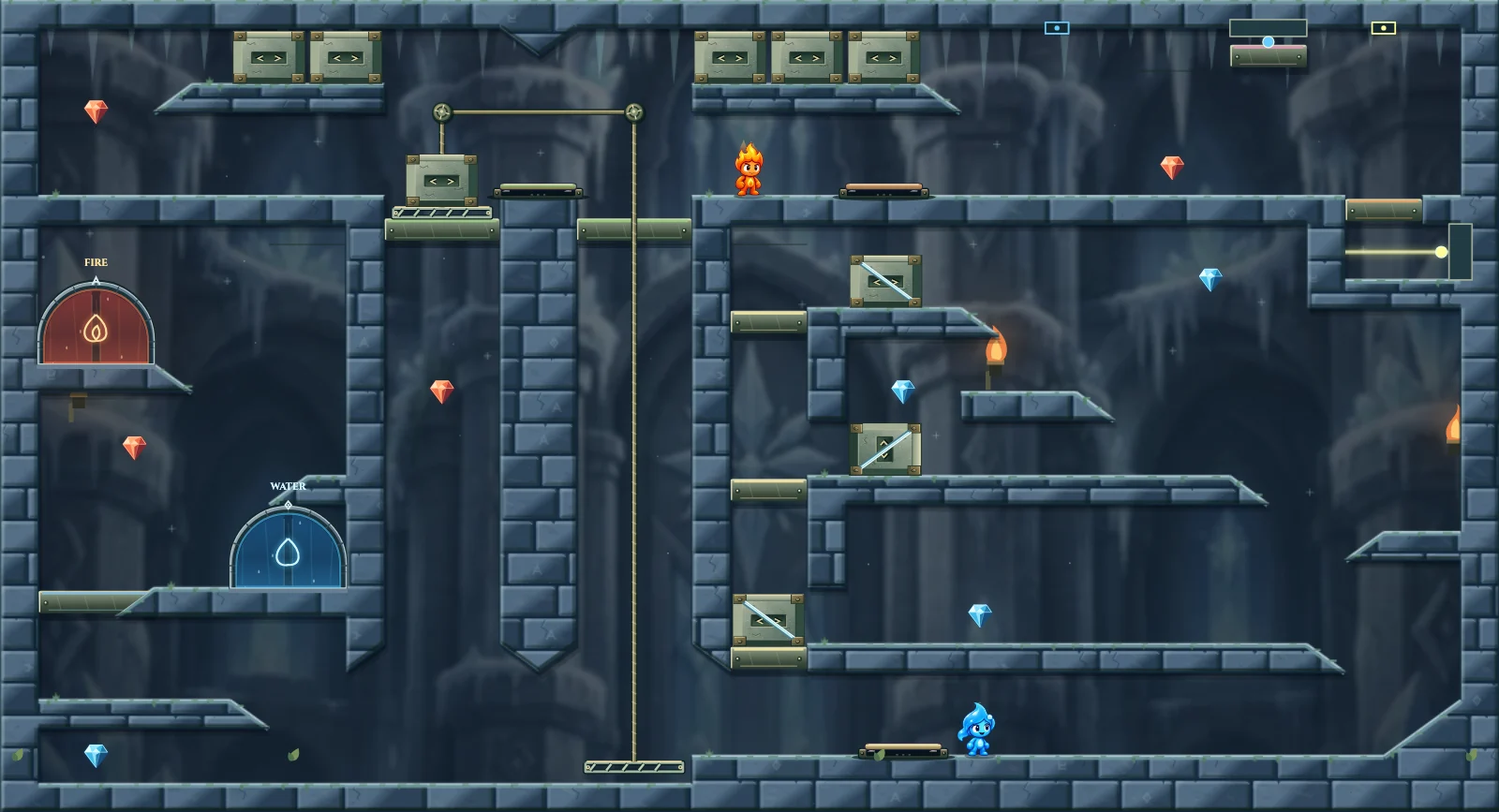 The Frozen Chamber 16, ice level 16: actual game view with Fireboy, Watergirl, diamonds, elemental pools, matching exits, and this level’s mechanisms.