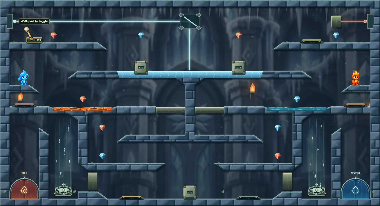 The Frozen Chamber 17, ice level 17: actual game view with Fireboy, Watergirl, diamonds, elemental pools, matching exits, and this level’s mechanisms.