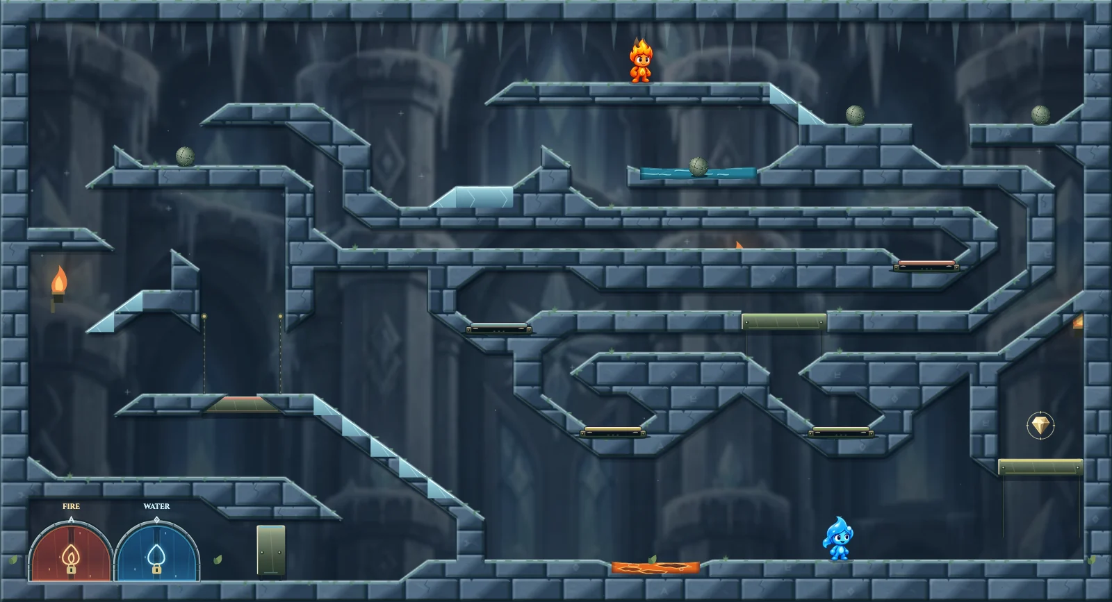 The Four Rolling Weights, ice level 18: actual game view with Fireboy, Watergirl, diamonds, elemental pools, matching exits, and this level’s mechanisms.