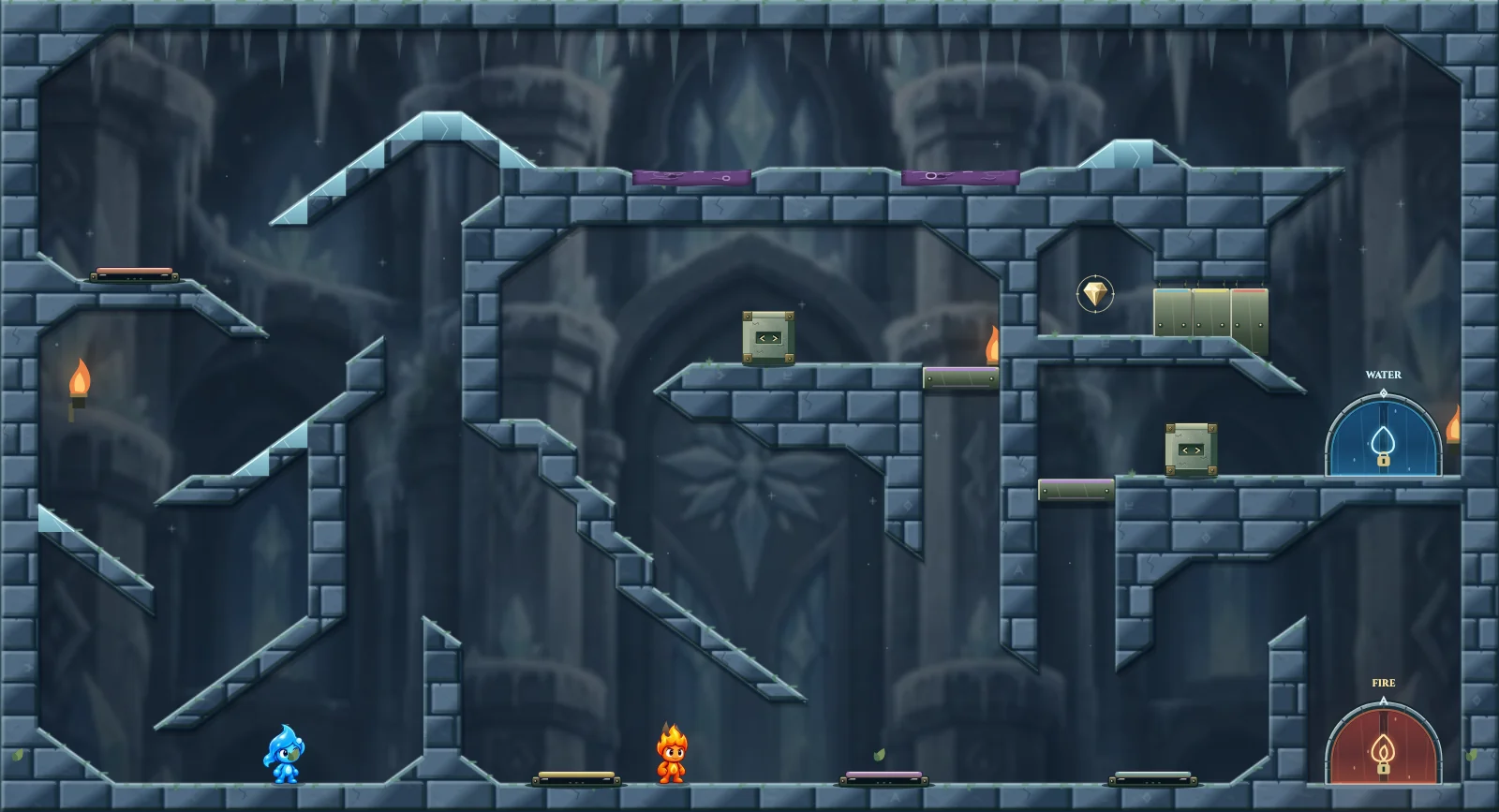 The Frozen Gate Exchange, ice level 19: actual game view with Fireboy, Watergirl, diamonds, elemental pools, matching exits, and this level’s mechanisms.
