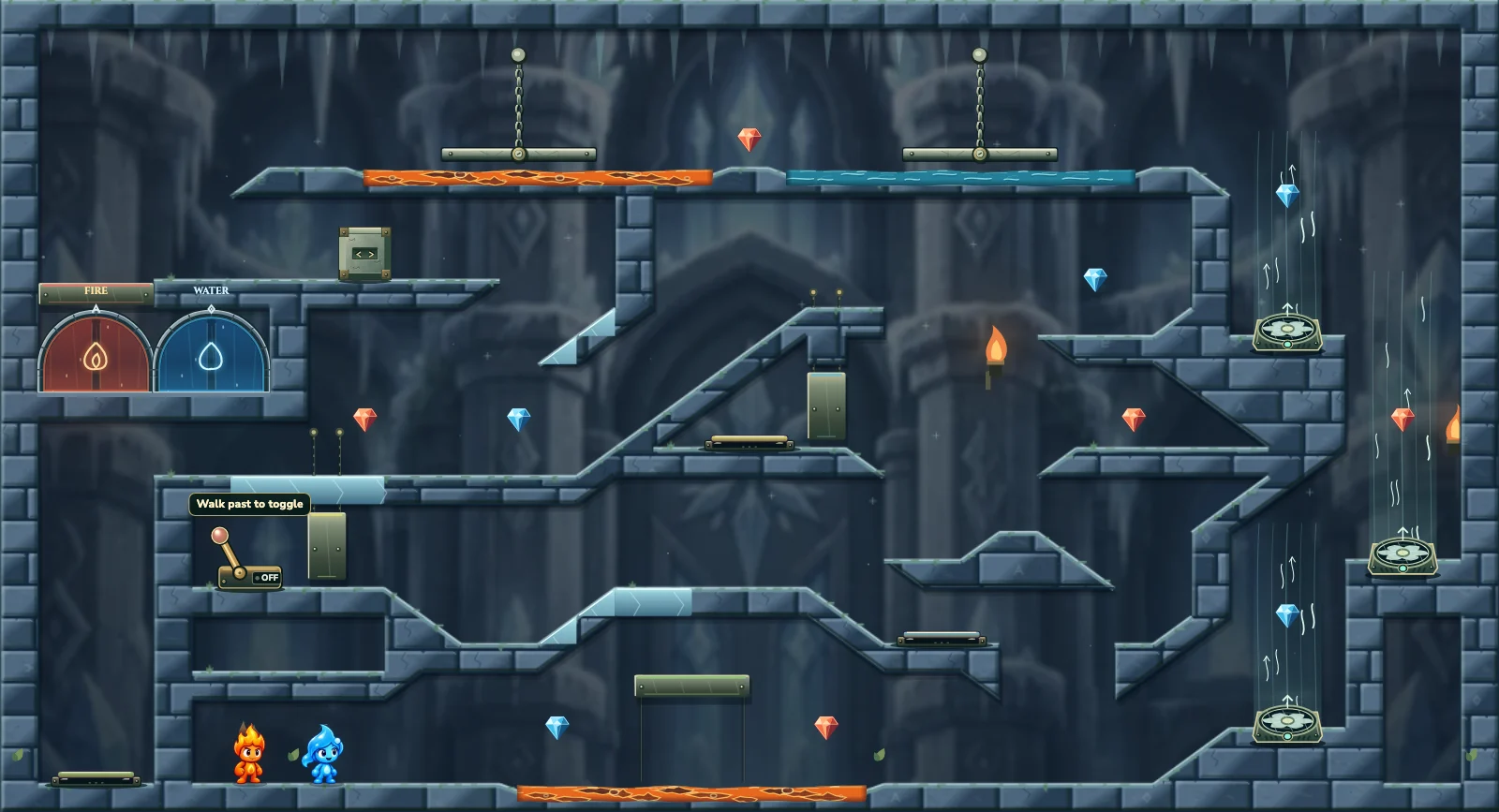 The Frost Fan Ascent, ice level 20: actual game view with Fireboy, Watergirl, diamonds, elemental pools, matching exits, and this level’s mechanisms.