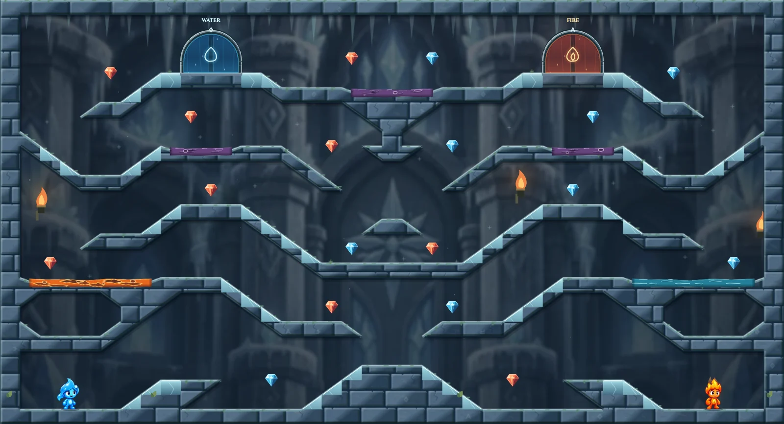 The Opposite Ice Climb, ice level 21: actual game view with Fireboy, Watergirl, diamonds, elemental pools, matching exits, and this level’s mechanisms.