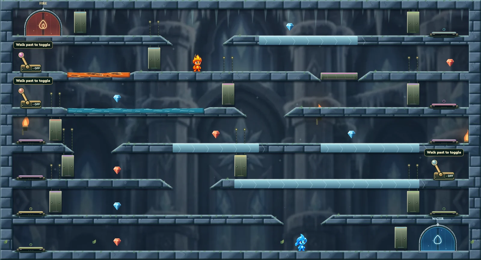 The Twelve Frozen Gates, ice level 22: actual game view with Fireboy, Watergirl, diamonds, elemental pools, matching exits, and this level’s mechanisms.