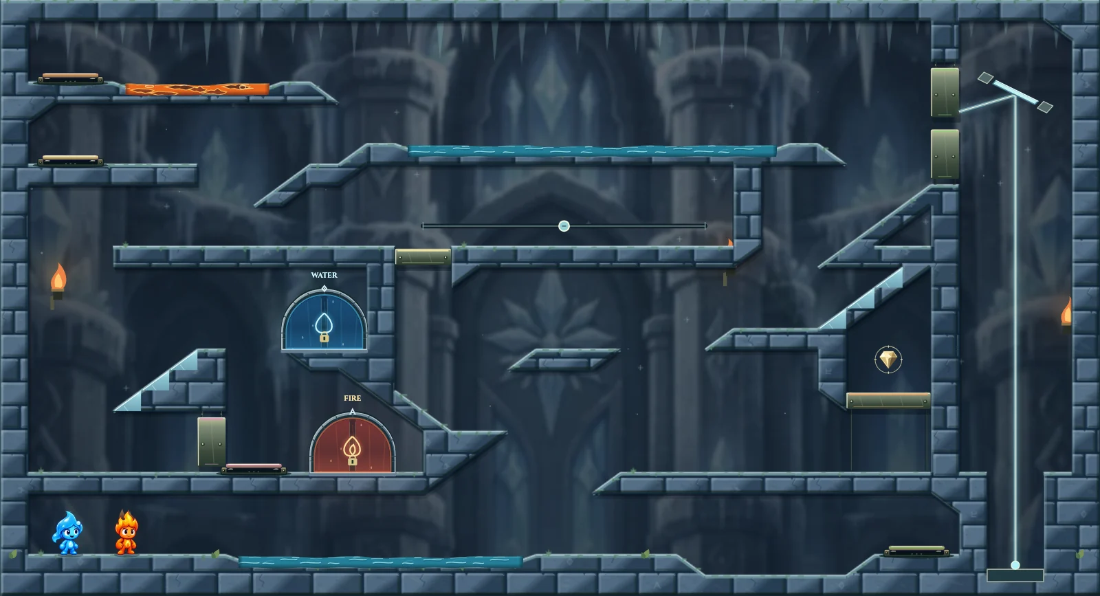 The Frozen Chamber 23, ice level 23: actual game view with Fireboy, Watergirl, diamonds, elemental pools, matching exits, and this level’s mechanisms.