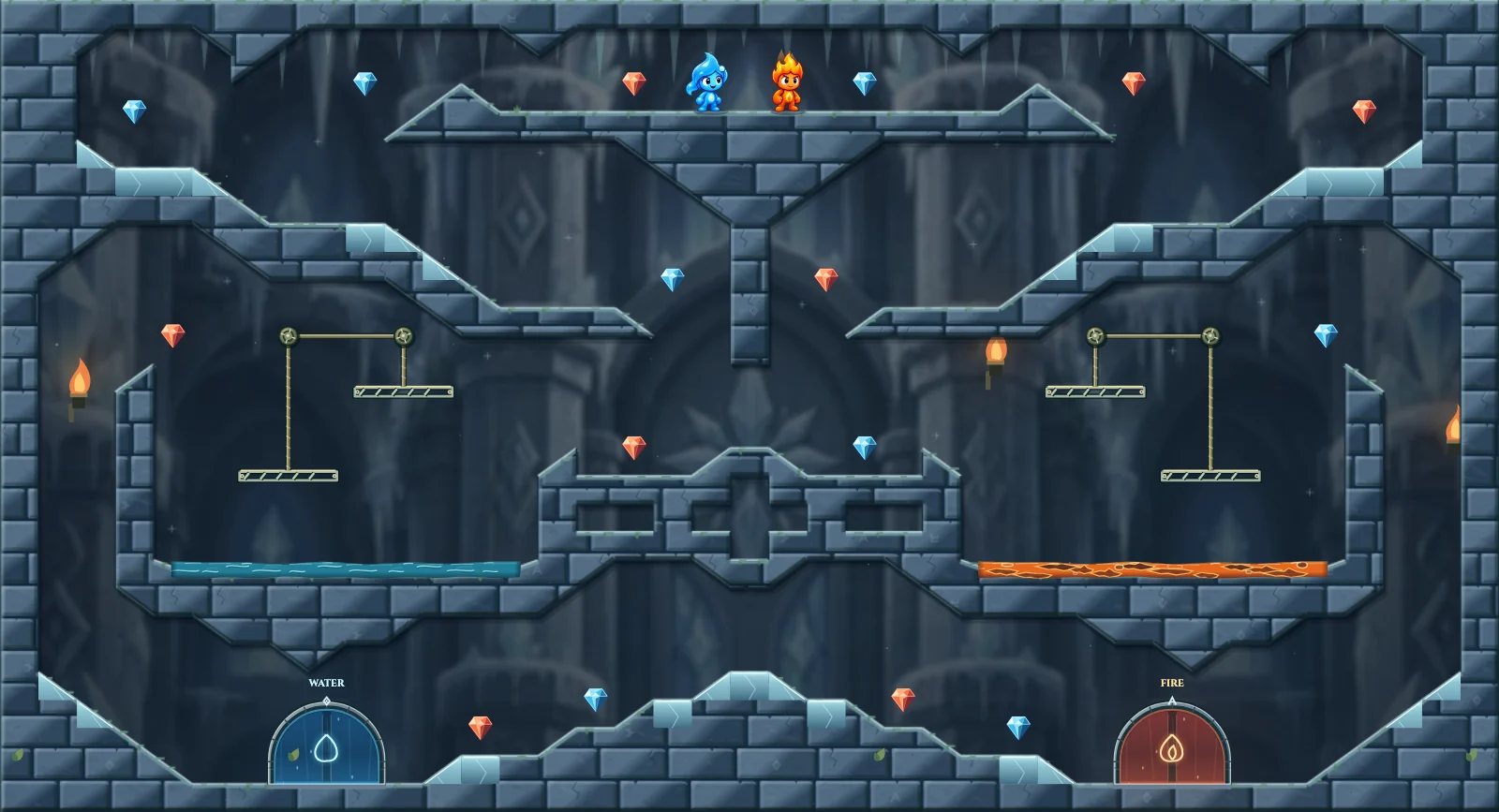 The Twin Frost Pulleys, ice level 24: actual game view with Fireboy, Watergirl, diamonds, elemental pools, matching exits, and this level’s mechanisms.